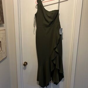 Xscape One-Shoulder Dress in Dark Green with Cascading Ruffle